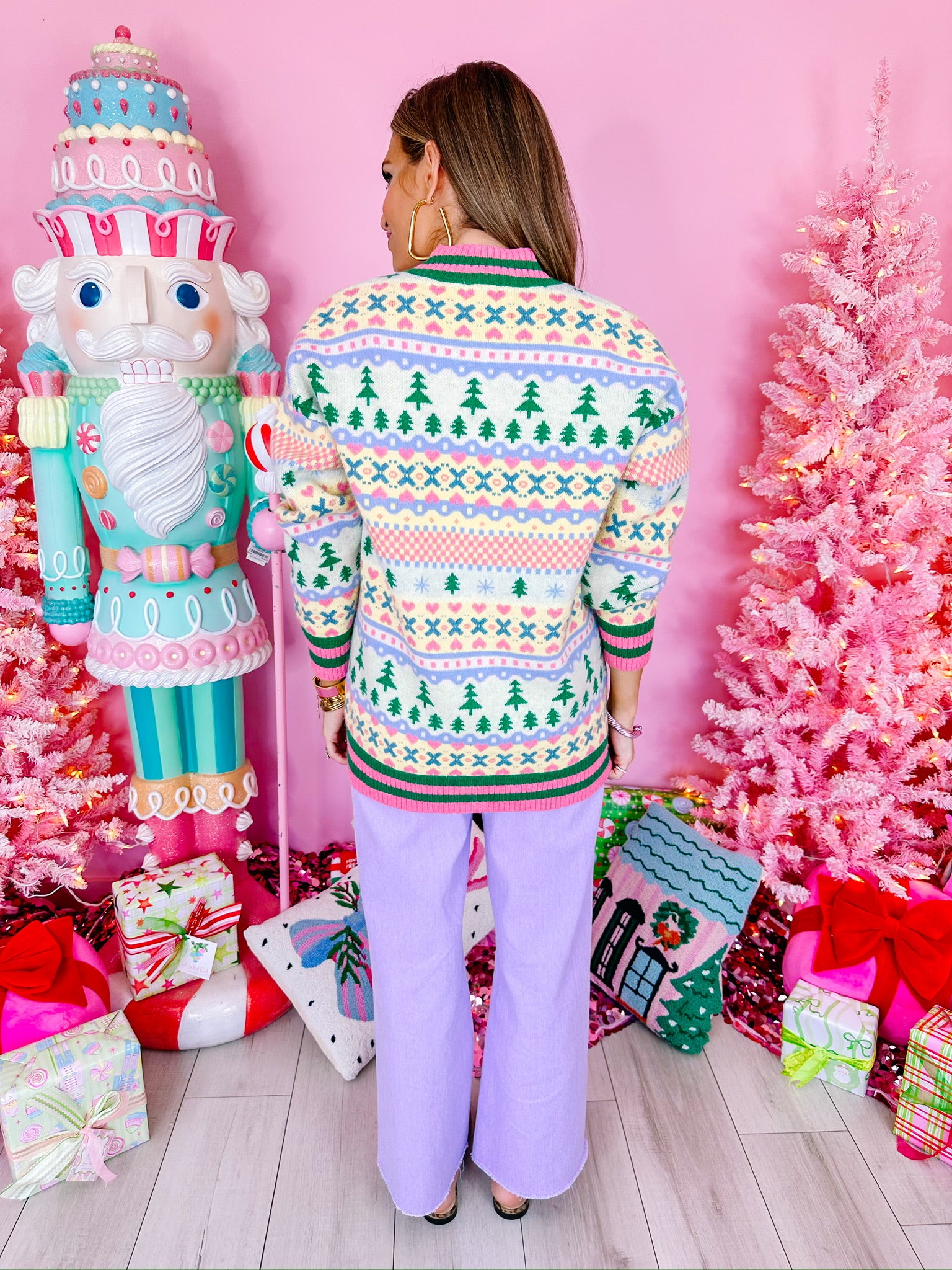 HAVE FAITH FAIRISLE TREE CARDIGAN - PINK/GREEN