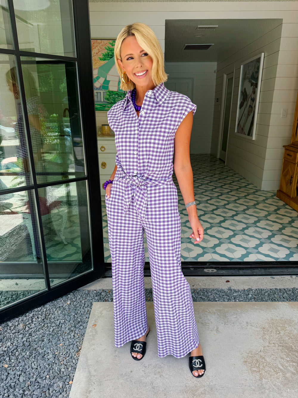 SABINE GINGHAM SEERSUCKER PANT SET - PURPLE
