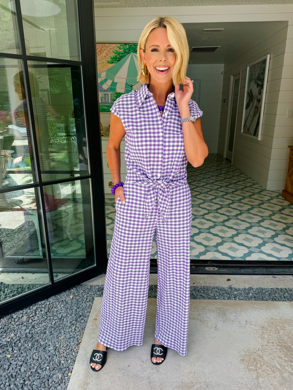 SABINE GINGHAM SEERSUCKER PANT SET - PURPLE