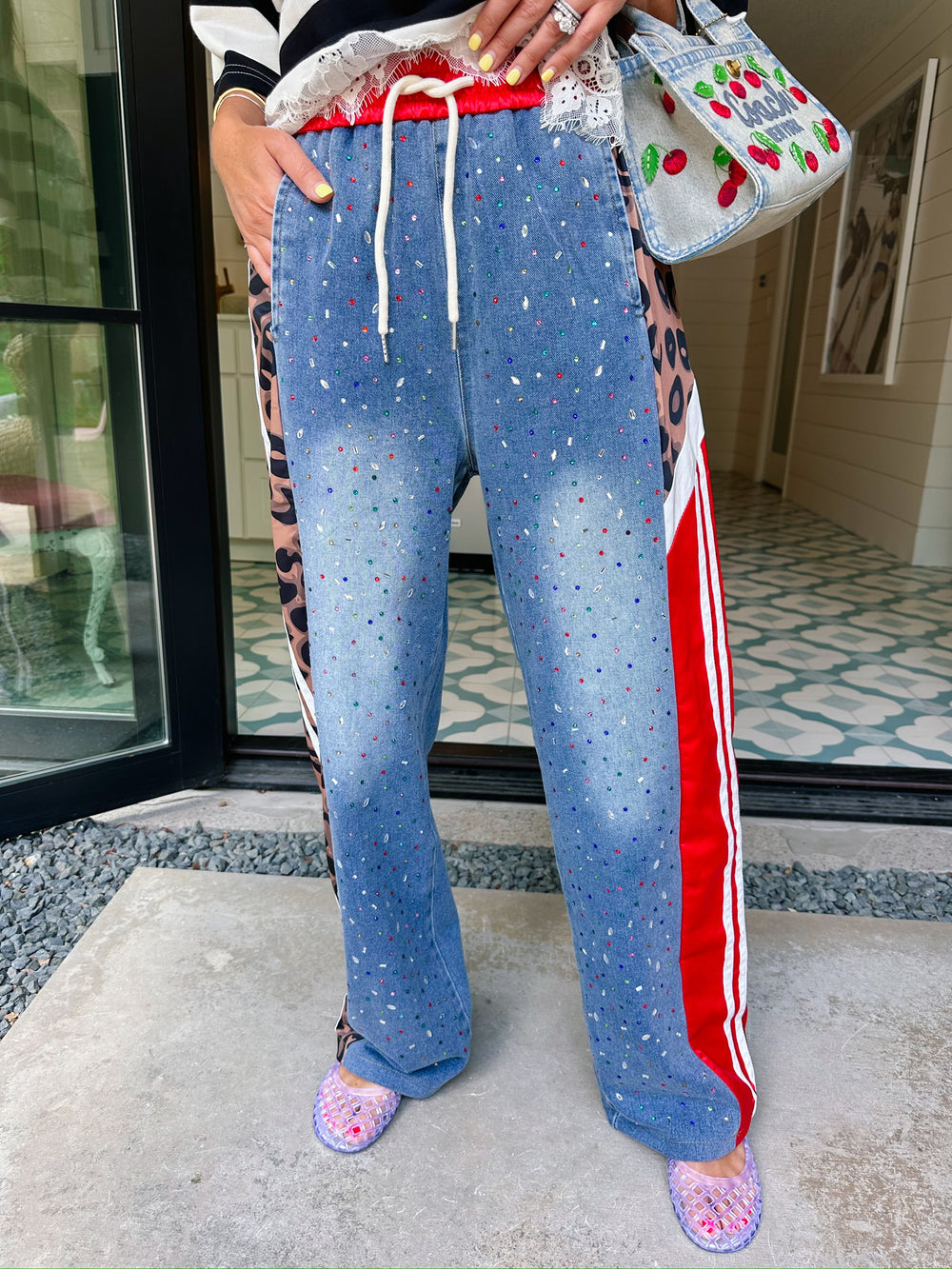 RAISED WILD BEJEWELED LEOPARD DENIM PANTS