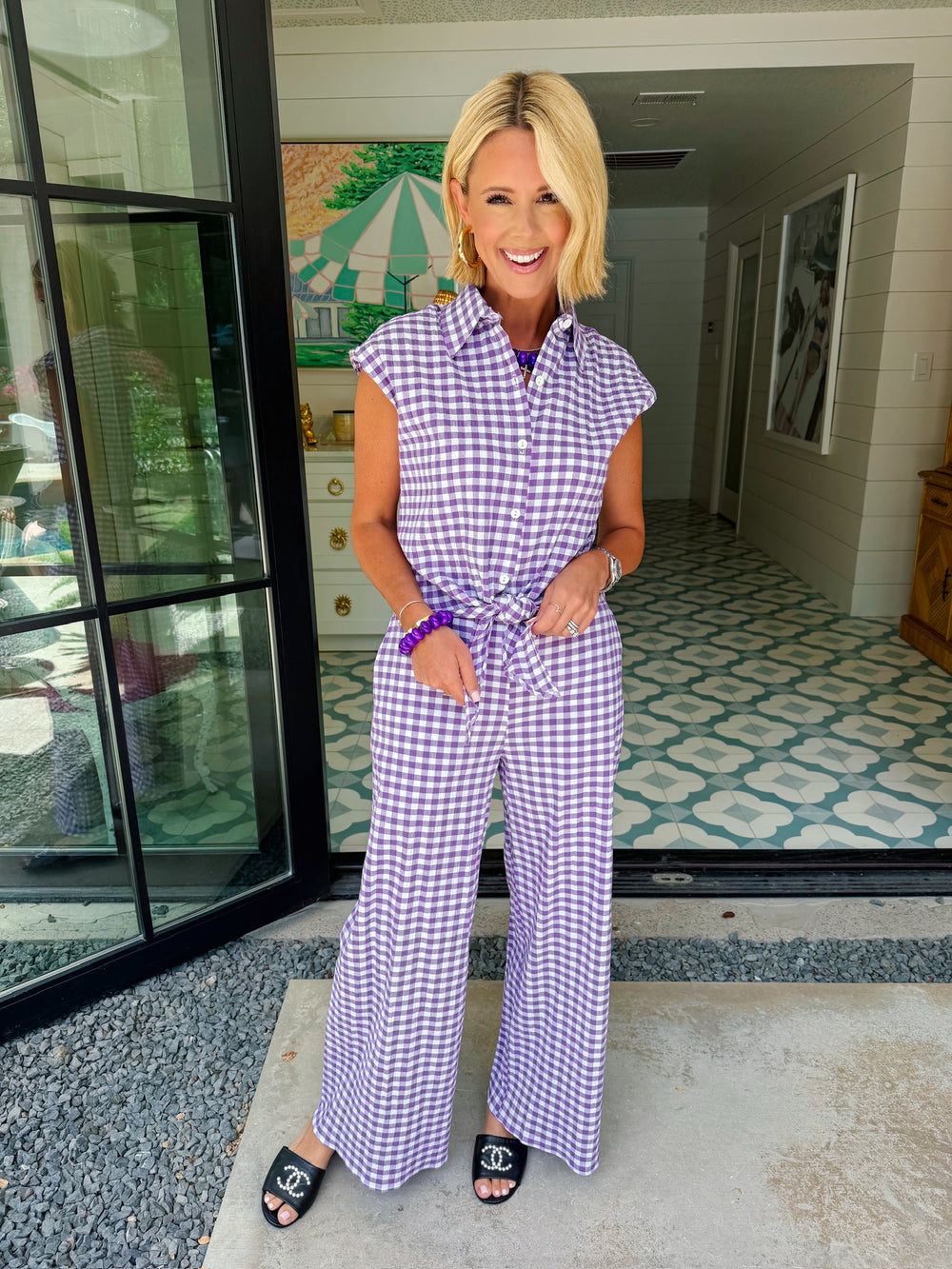 SABINE GINGHAM SEERSUCKER PANT SET - PURPLE