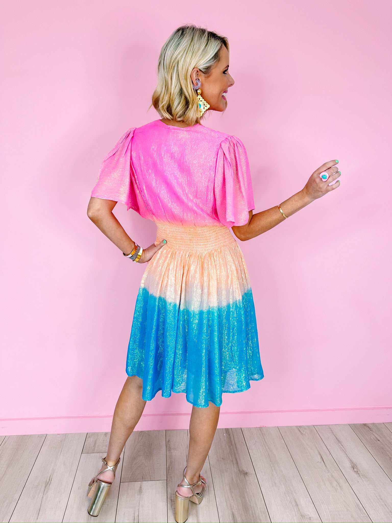 ANIE OMBRE SHIMMER SMOCKED DRESS