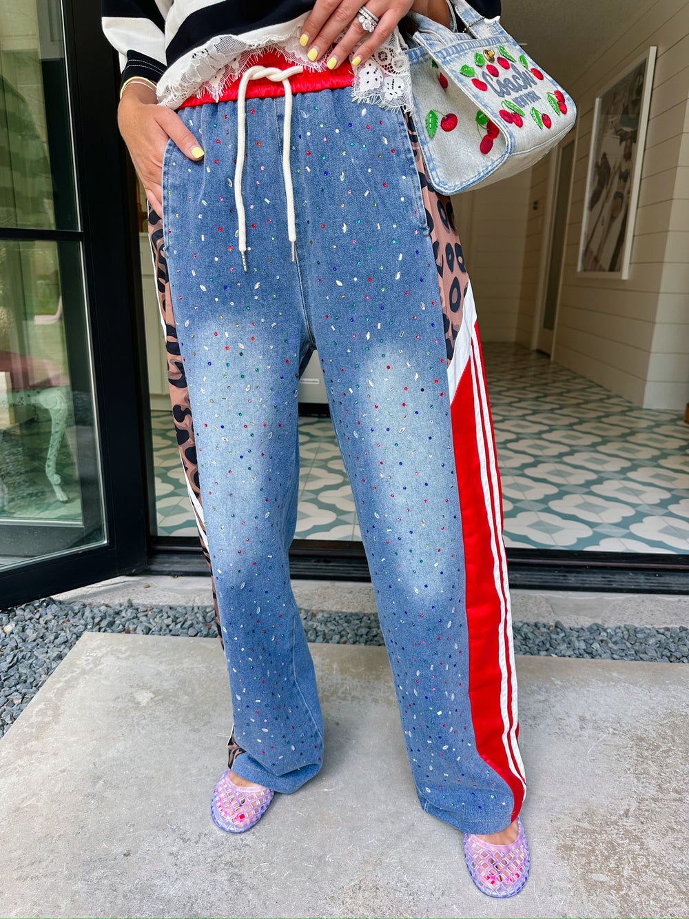 RAISED WILD BEJEWELED LEOPARD DENIM PANTS