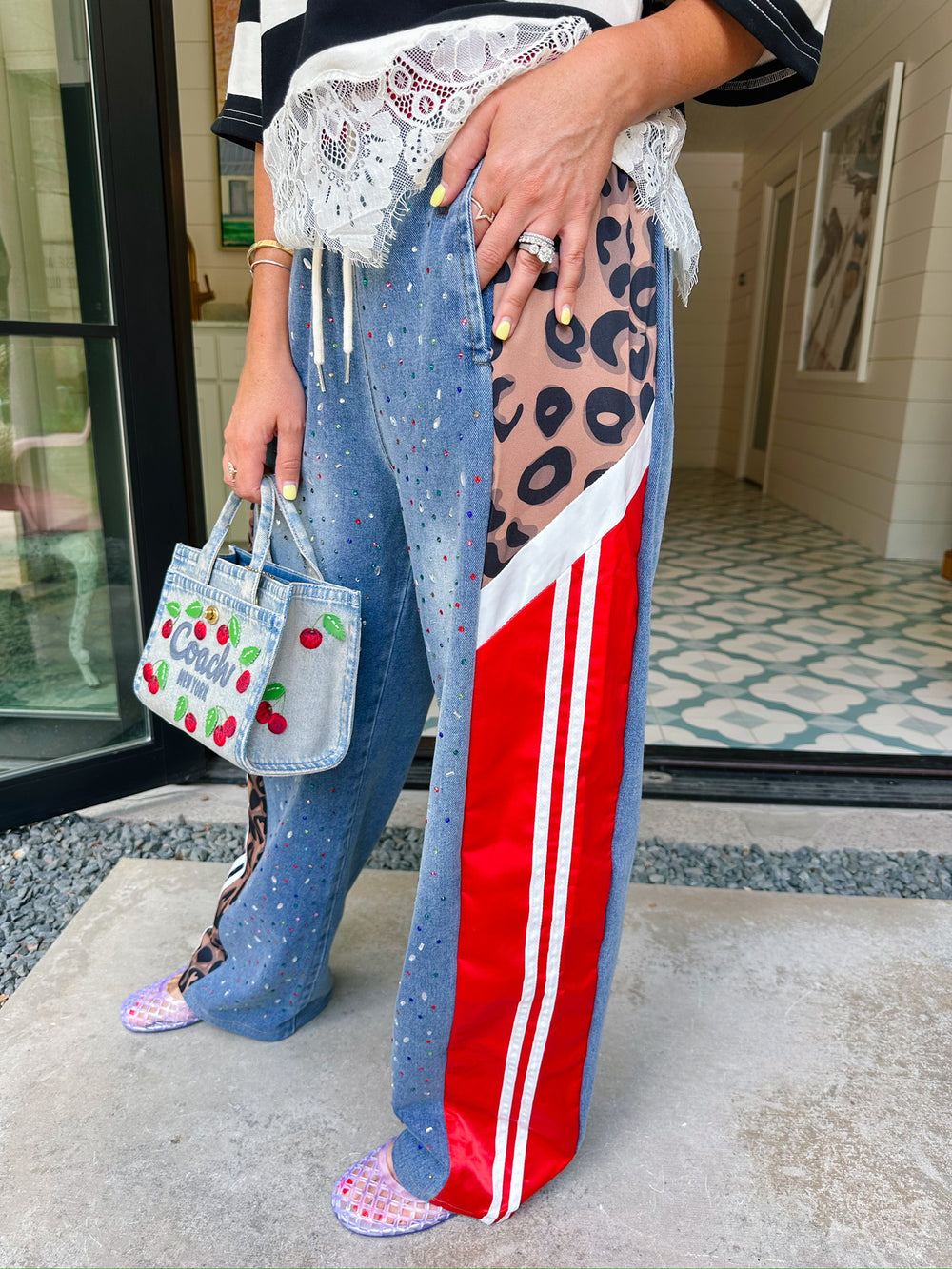 RAISED WILD BEJEWELED LEOPARD DENIM PANTS