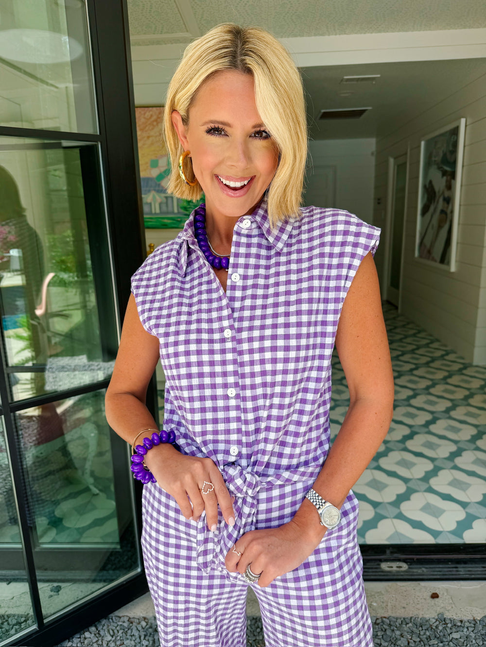 SABINE GINGHAM SEERSUCKER PANT SET - PURPLE