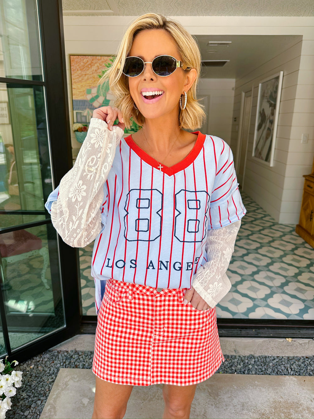 LA STRIPE LONG SLEEVE LACE TOP - BLUE