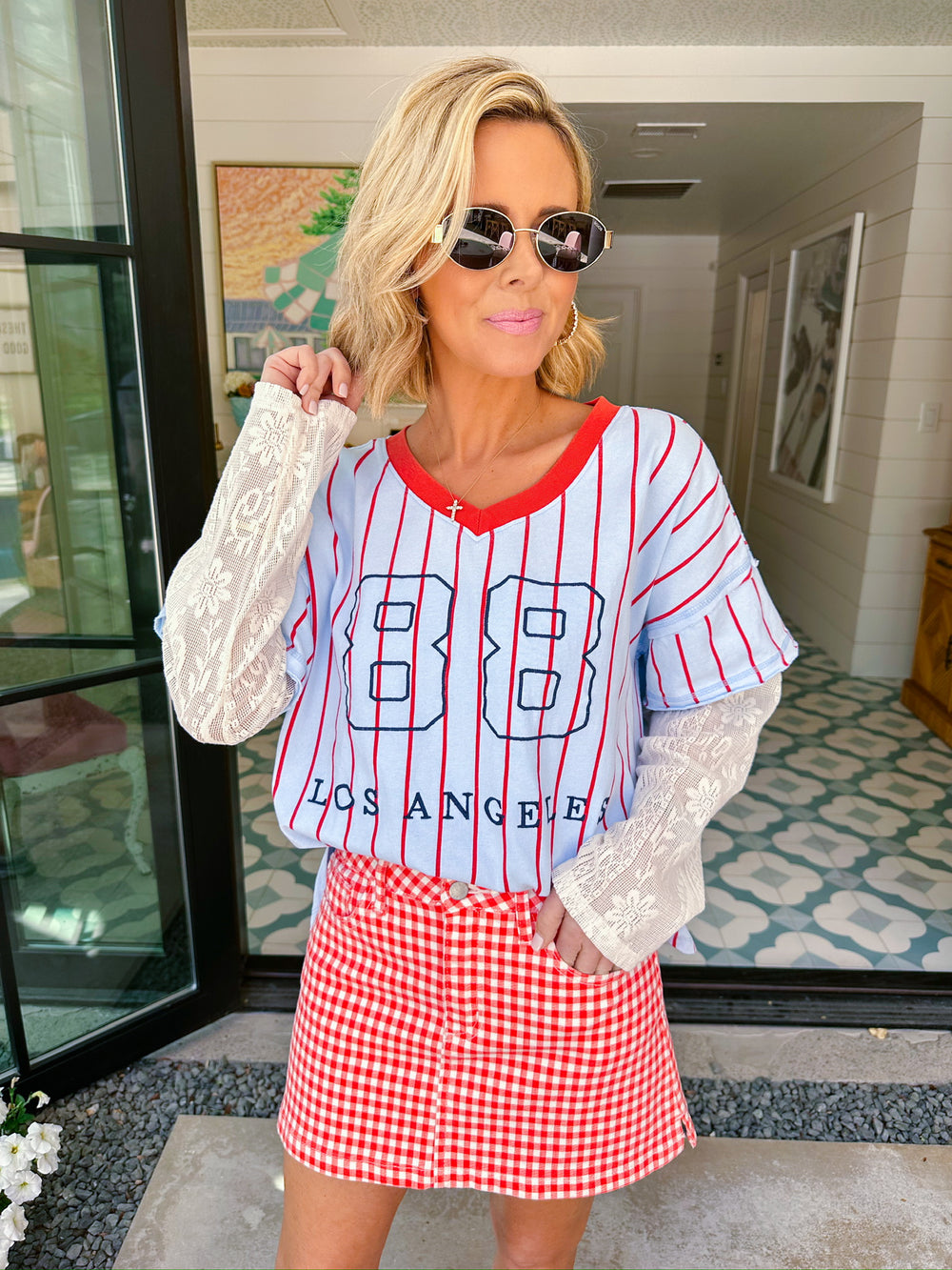LA STRIPE LONG SLEEVE LACE TOP - BLUE