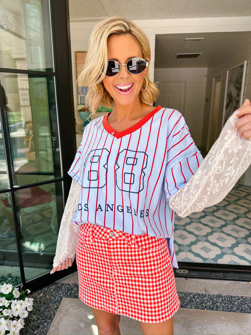 LA STRIPE LONG SLEEVE LACE TOP - BLUE