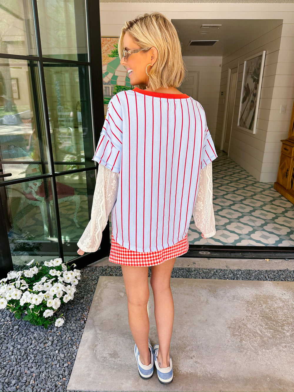 LA STRIPE LONG SLEEVE LACE TOP - BLUE