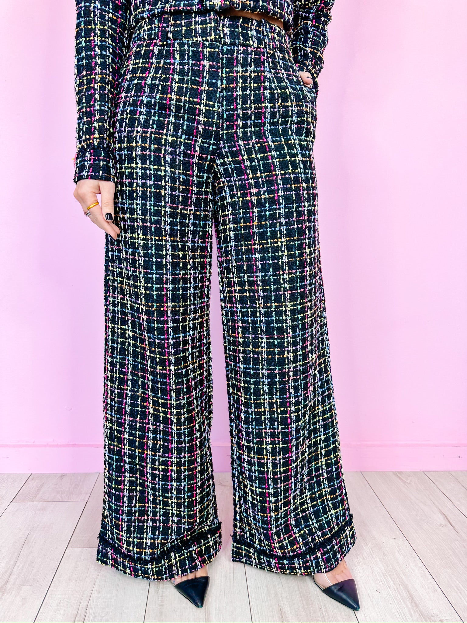 MADELAINE COLORFUL TWEED PANTS - BLACK