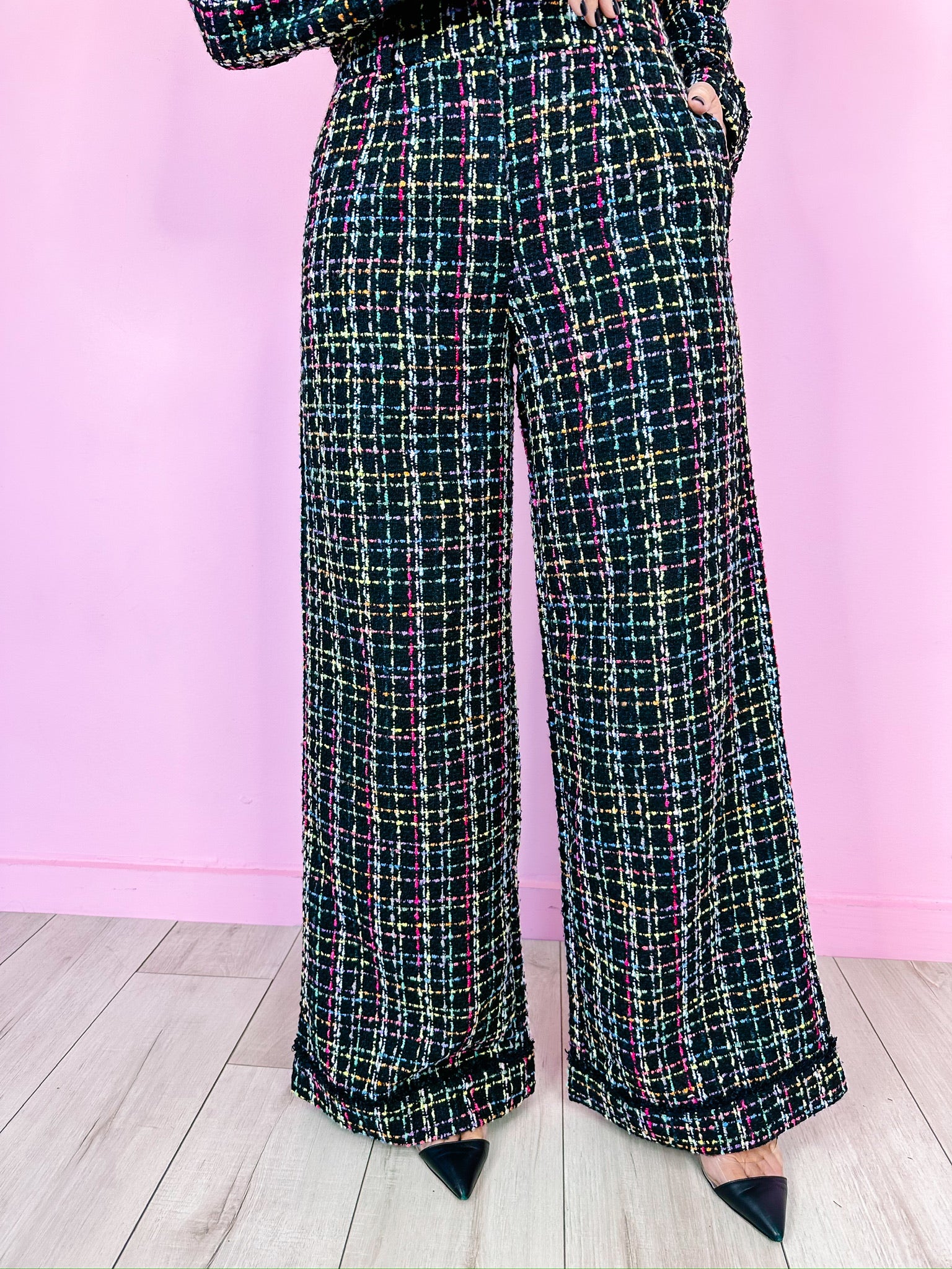 MADELAINE COLORFUL TWEED PANTS - BLACK