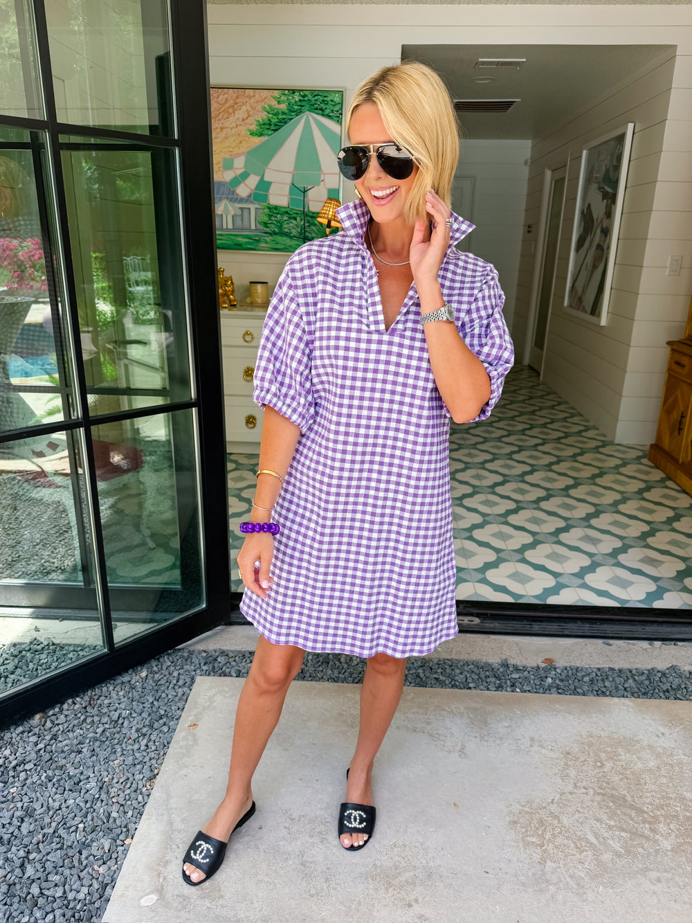 CHARLOTTE GINGHAM SEERSUCKER DRESS - PURPLE