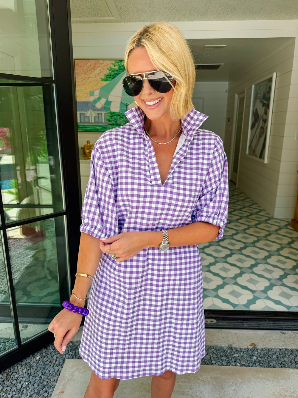 CHARLOTTE GINGHAM SEERSUCKER DRESS - PURPLE