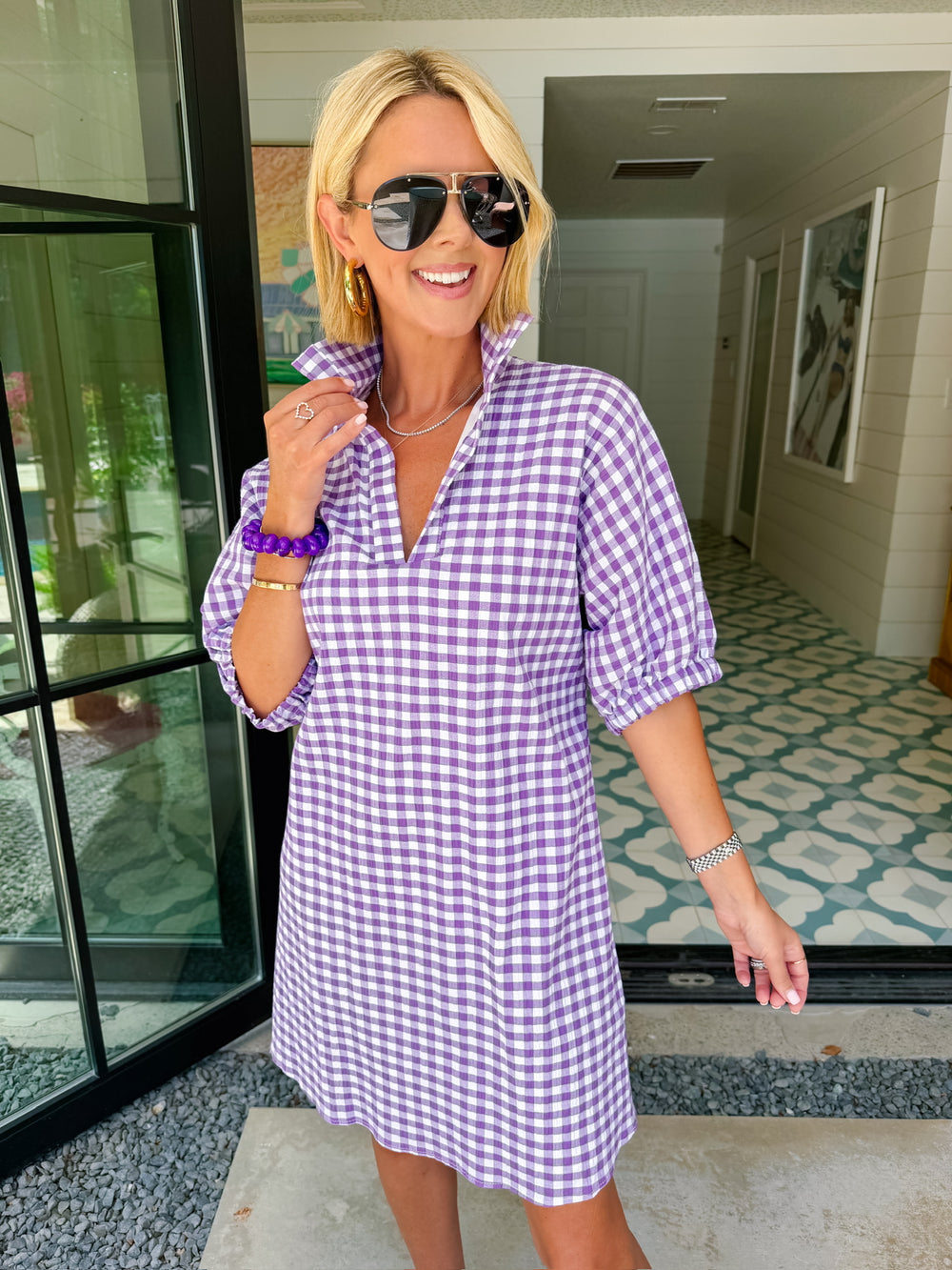 CHARLOTTE GINGHAM SEERSUCKER DRESS - PURPLE