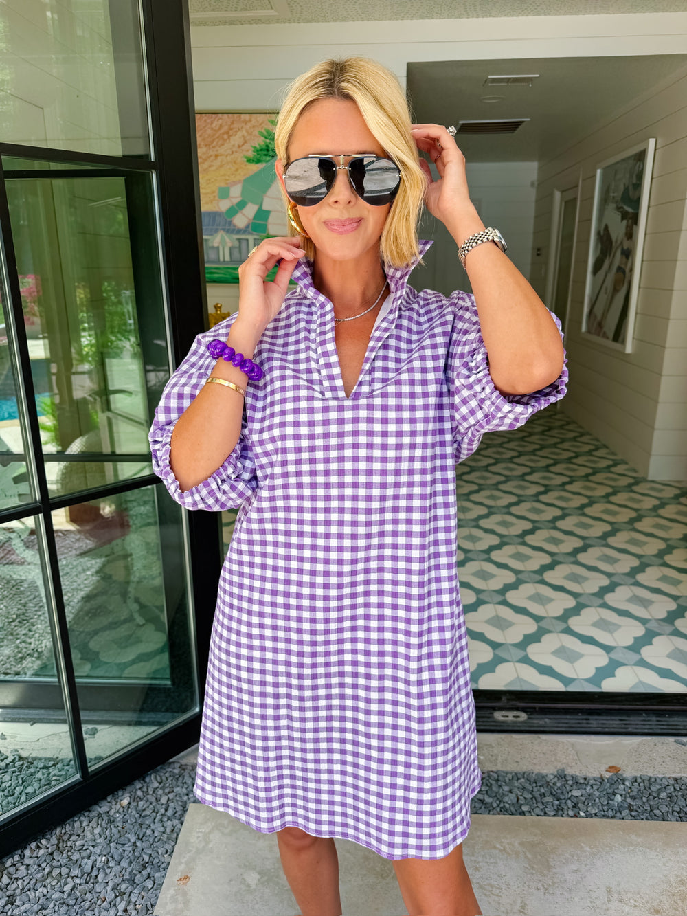 CHARLOTTE GINGHAM SEERSUCKER DRESS - PURPLE