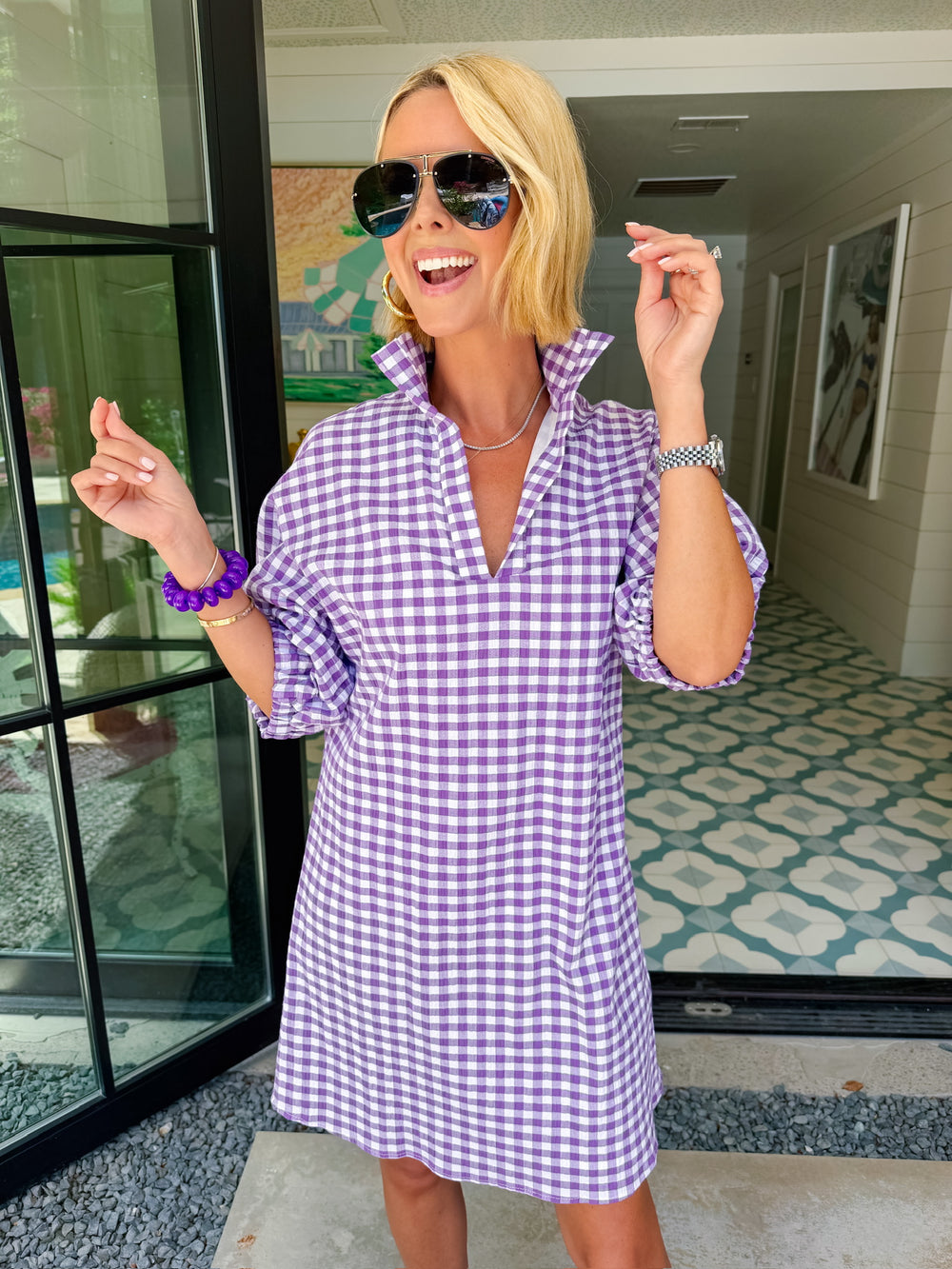 CHARLOTTE GINGHAM SEERSUCKER DRESS - PURPLE
