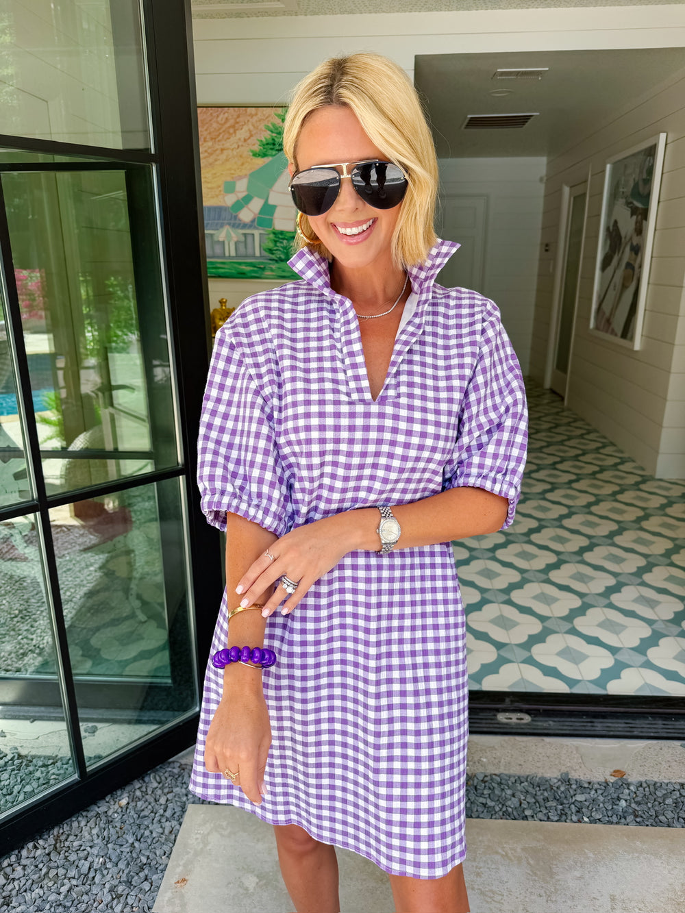 CHARLOTTE GINGHAM SEERSUCKER DRESS - PURPLE
