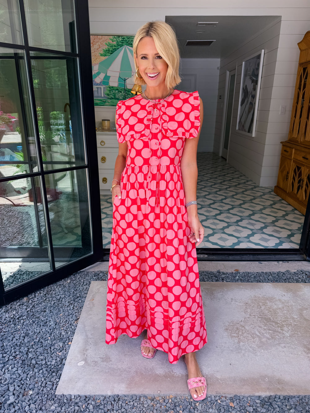 DEMI POLKA DOT COLLAR MIDI DRESS - RED/PINK