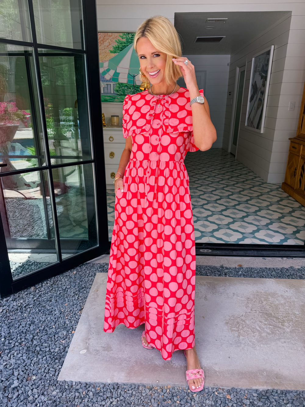 DEMI POLKA DOT COLLAR MIDI DRESS - RED/PINK