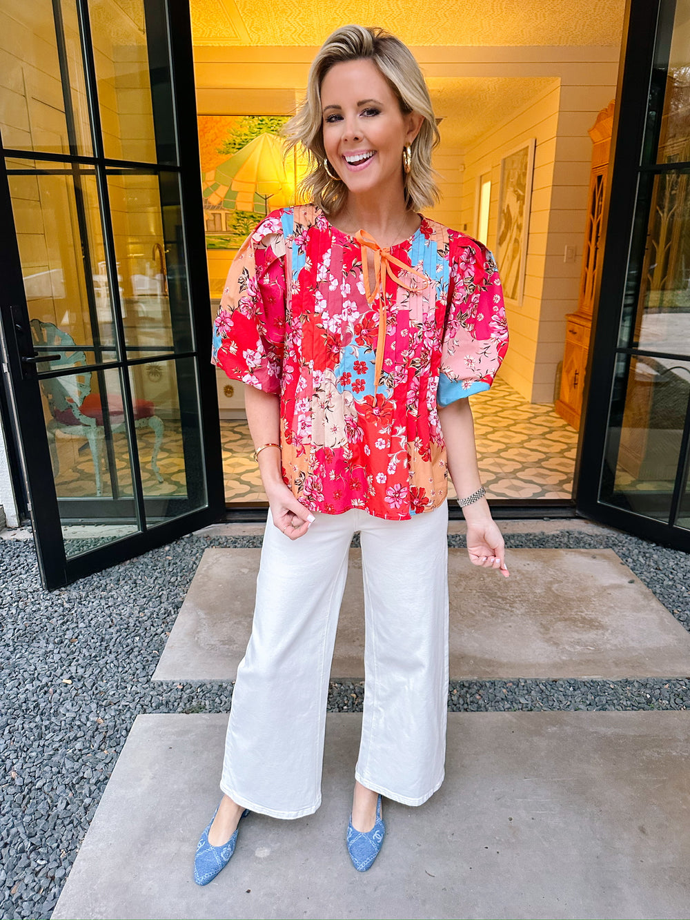 SUNNY STEMS PUFF SLEEVE FLORAL TOP - RED