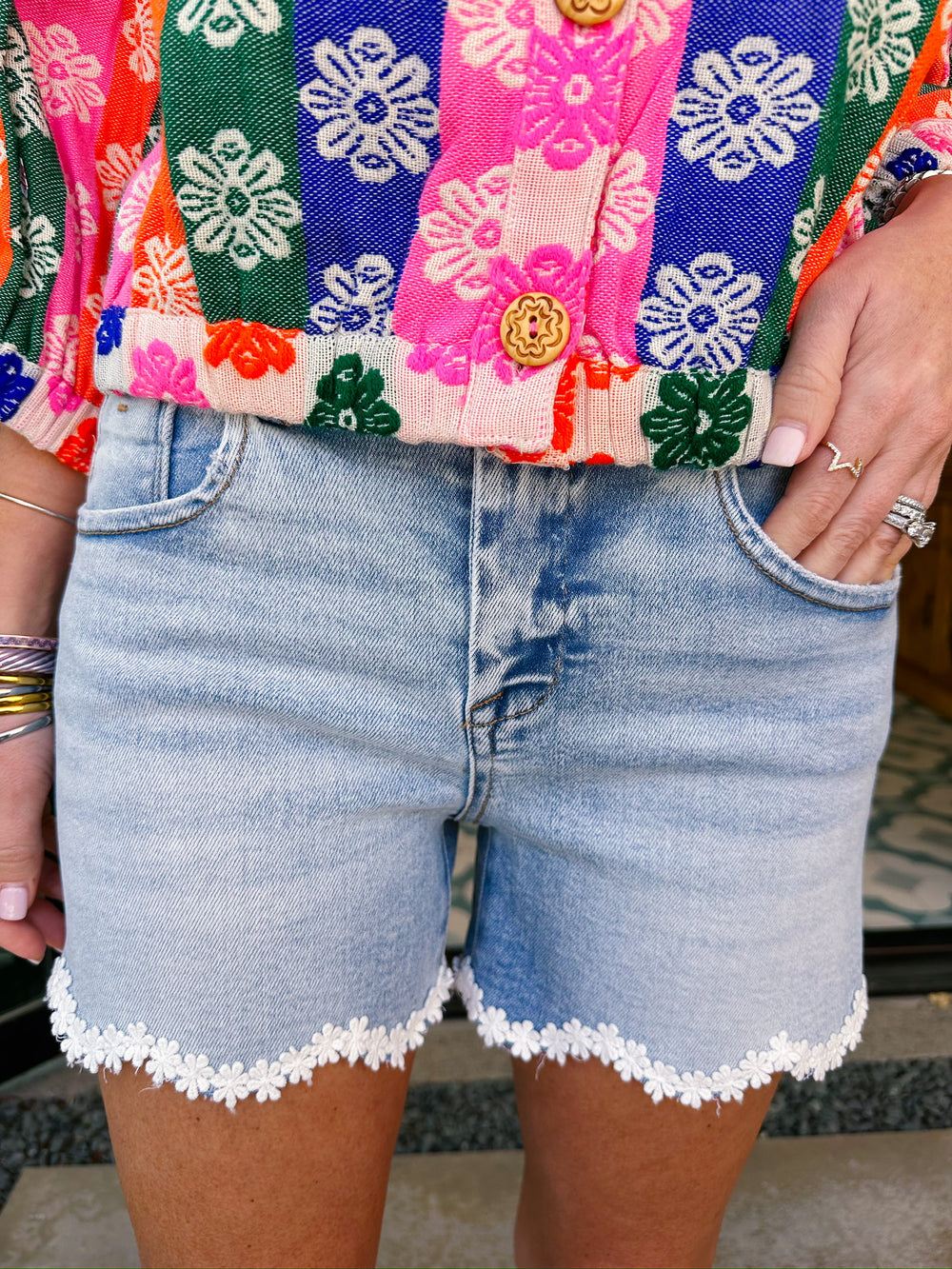 FRESH AS A DAISY TRIM DENIM SHORTS