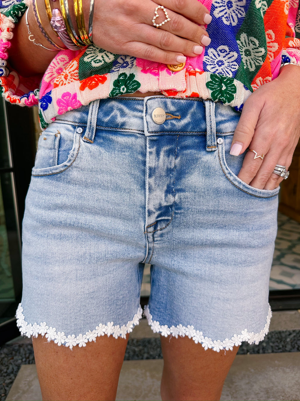 FRESH AS A DAISY TRIM DENIM SHORTS