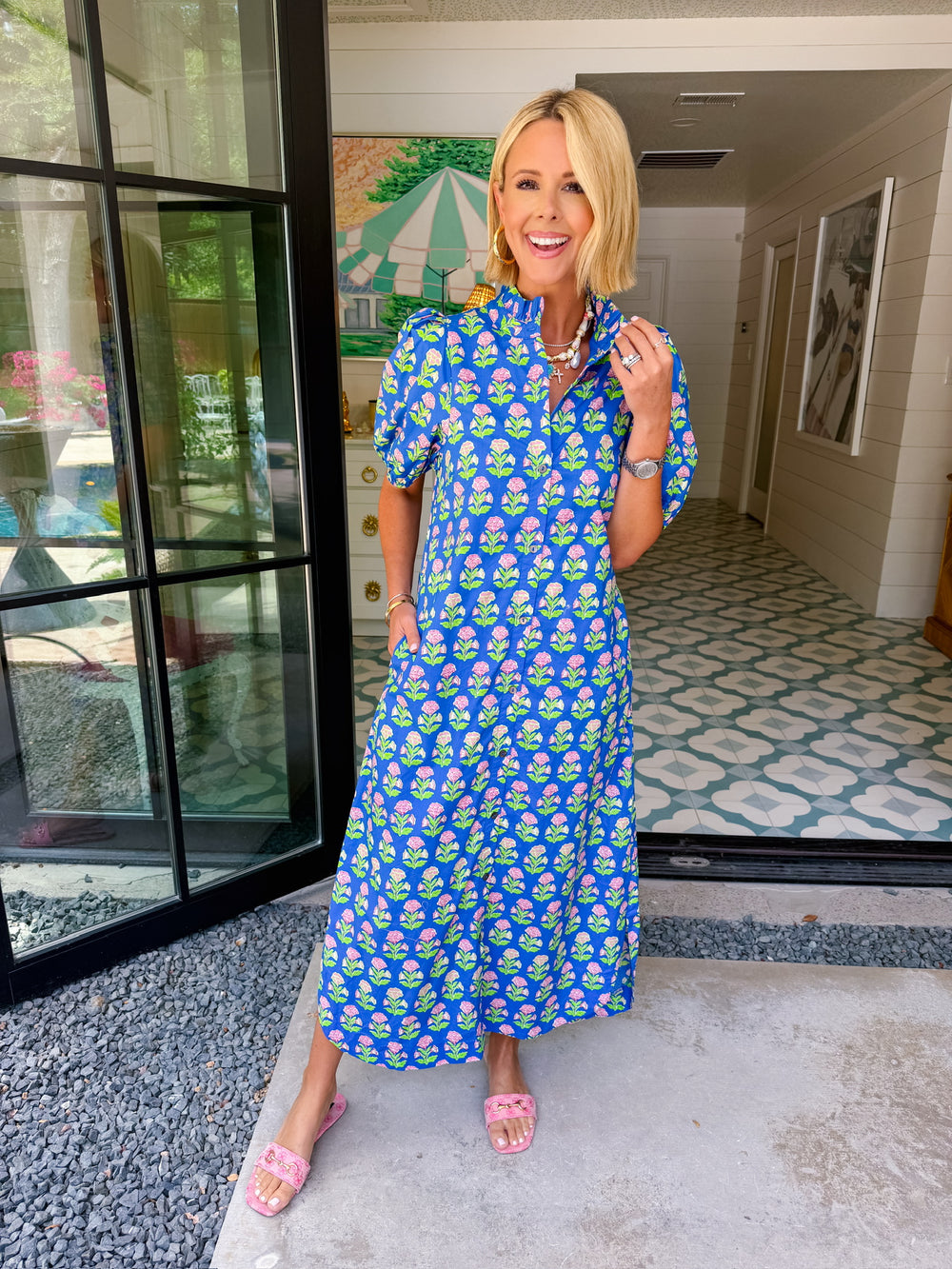 EFFLORESCENCE FLORAL BLOCK PRINT BUTTON UP MIDI DRESS