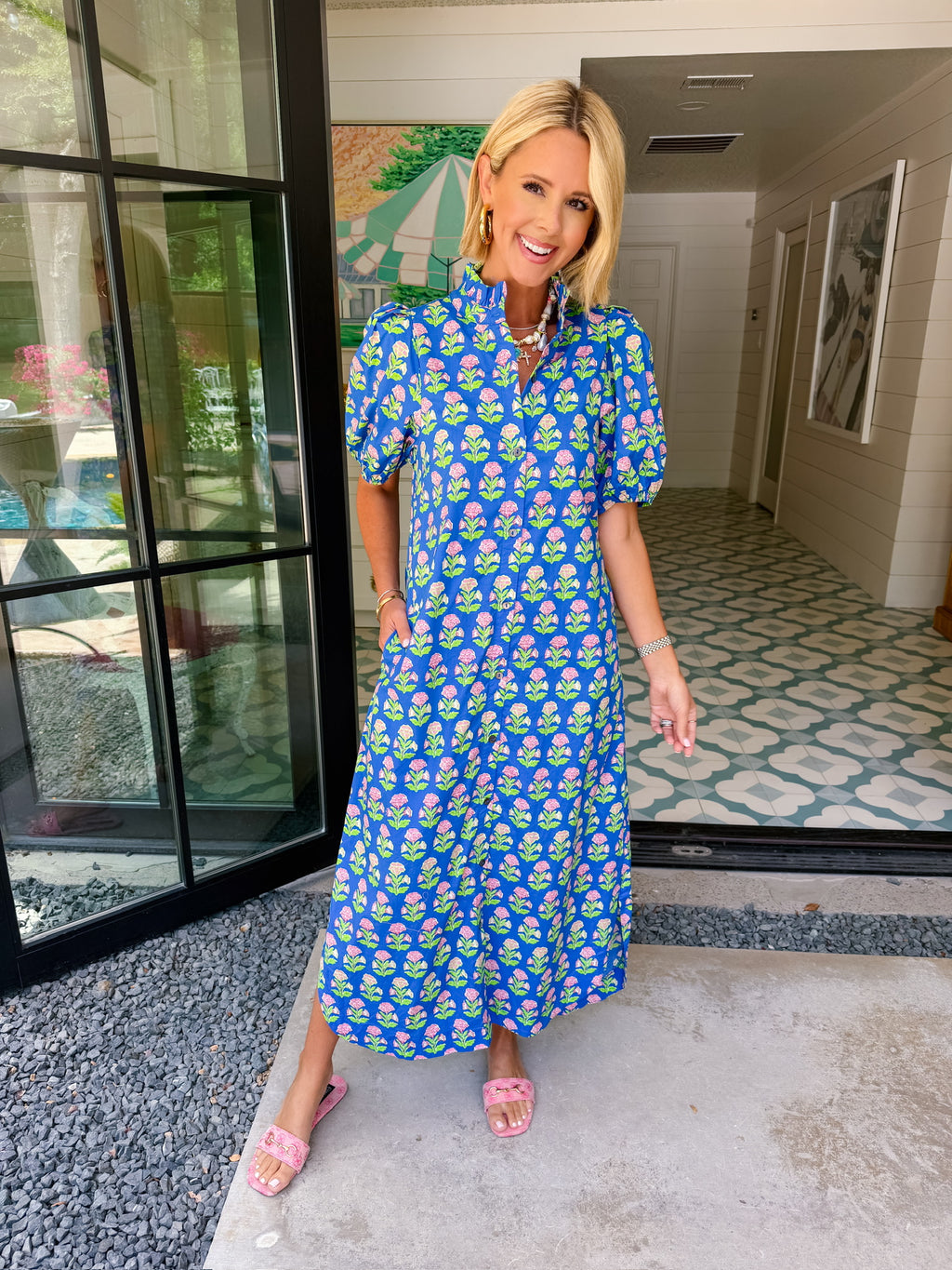 EFFLORESCENCE FLORAL BLOCK PRINT BUTTON UP MIDI DRESS