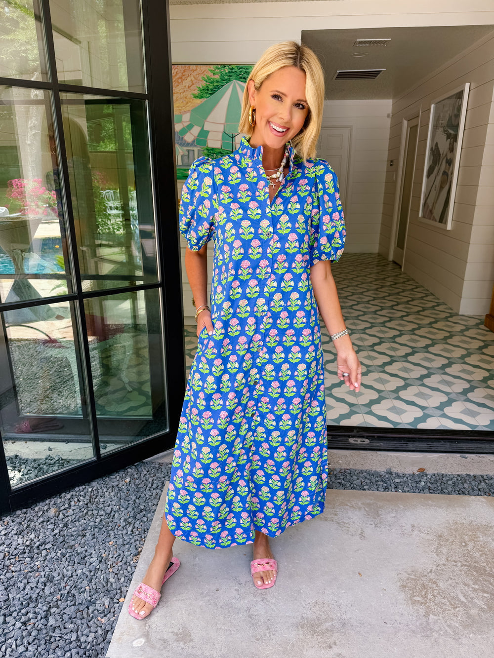 EFFLORESCENCE FLORAL BLOCK PRINT BUTTON UP MIDI DRESS