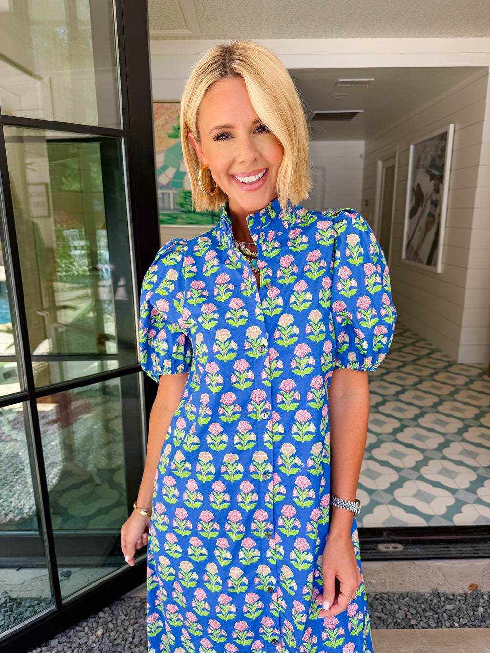 EFFLORESCENCE FLORAL BLOCK PRINT BUTTON UP MIDI DRESS