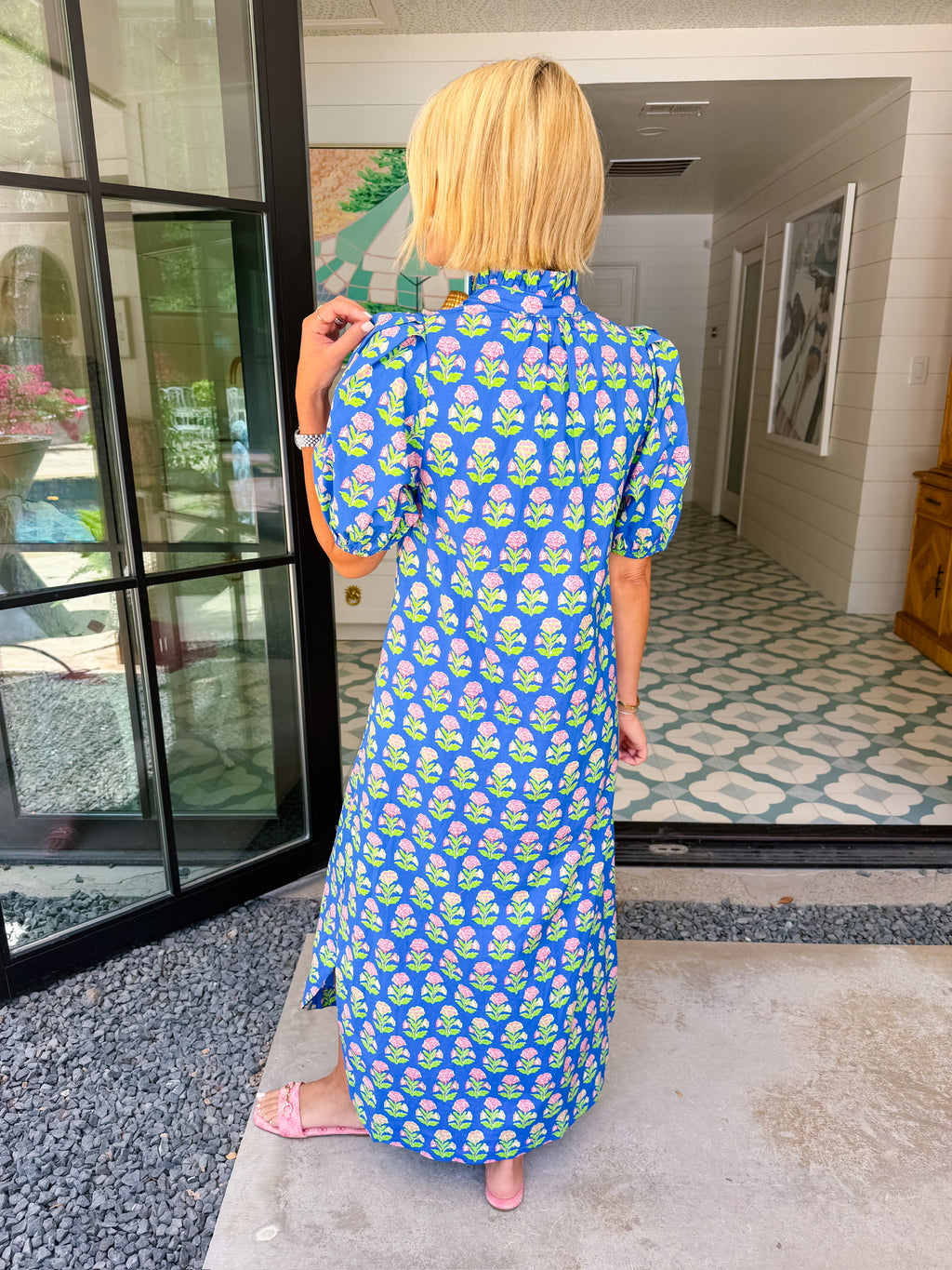 EFFLORESCENCE FLORAL BLOCK PRINT BUTTON UP MIDI DRESS