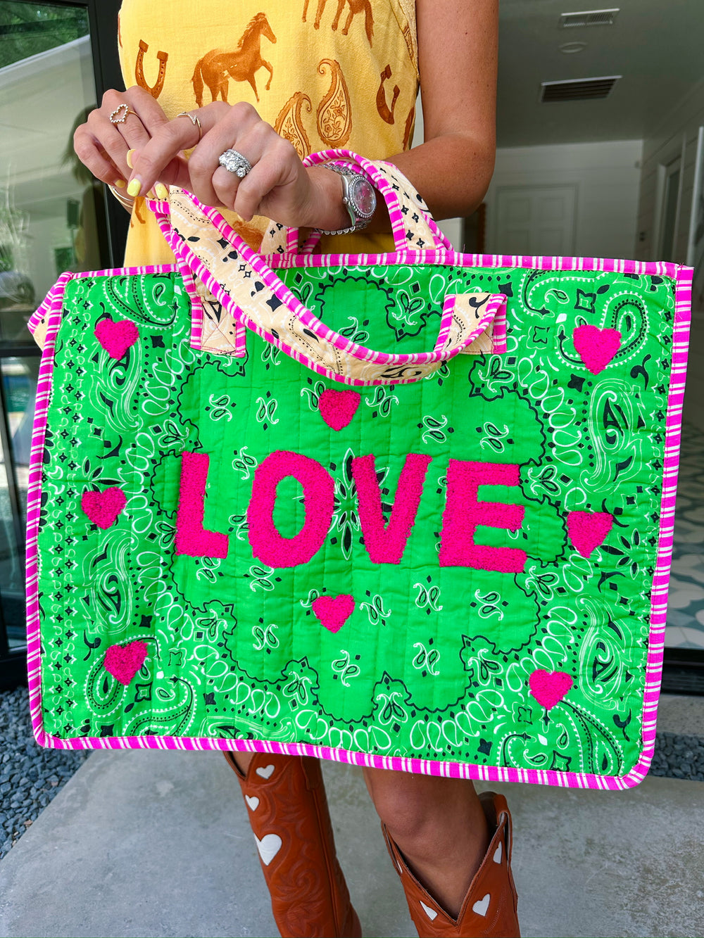 LOVE OUT LOUD BANDANA COLORBLOCK TOTE BAG - GREEN