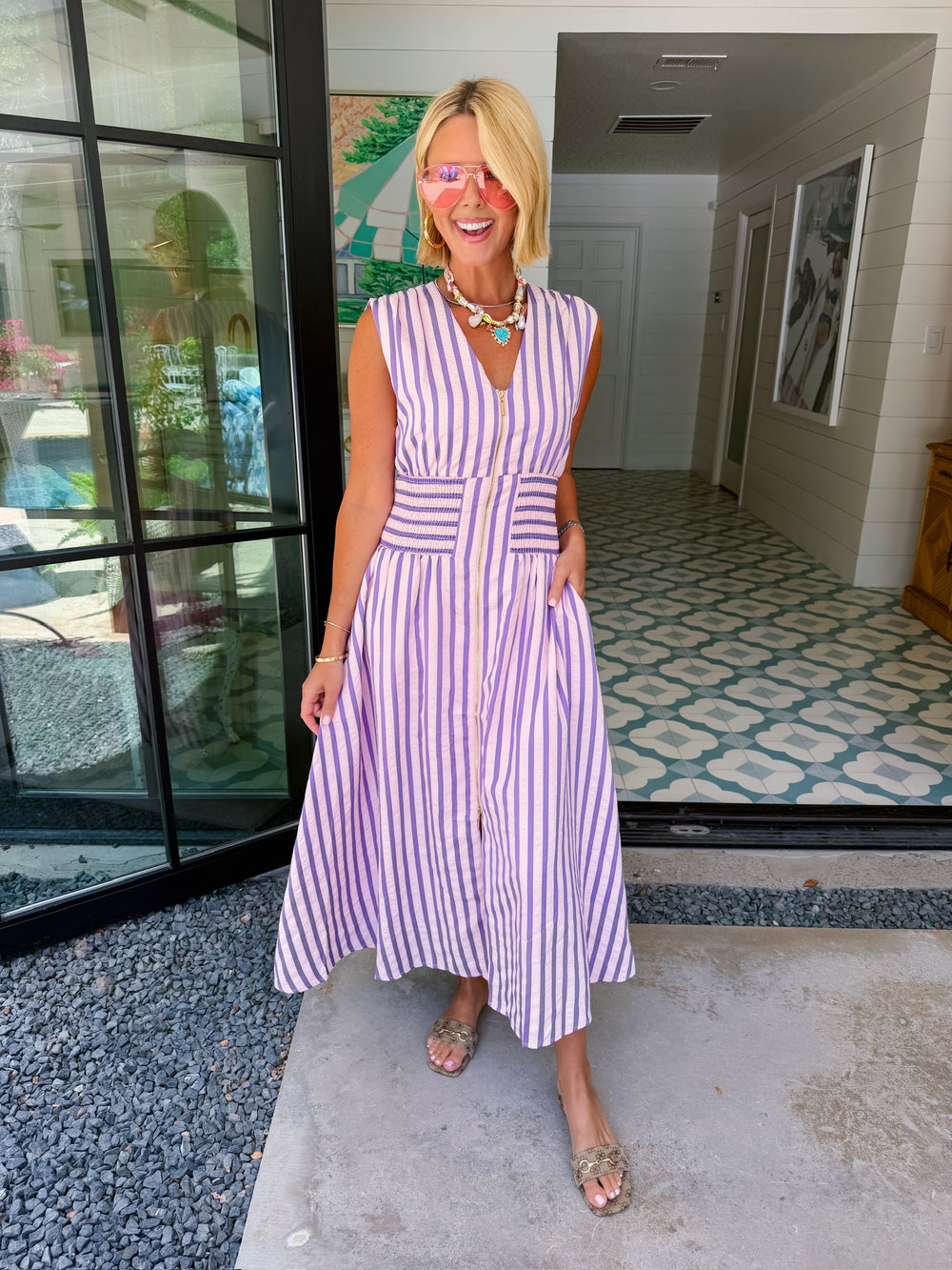 PAVE THE WAY STRIPE ZIP UP MIDI DRESS - PINK