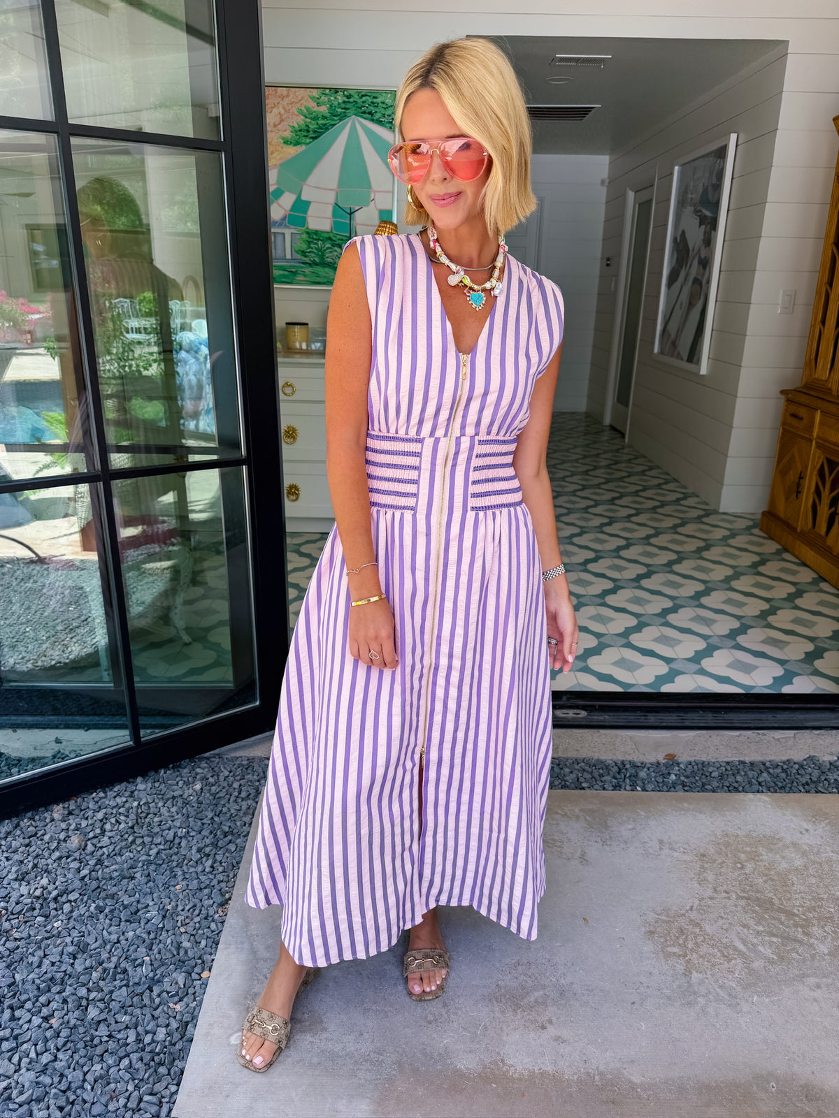 PAVE THE WAY STRIPE ZIP UP MIDI DRESS - PINK