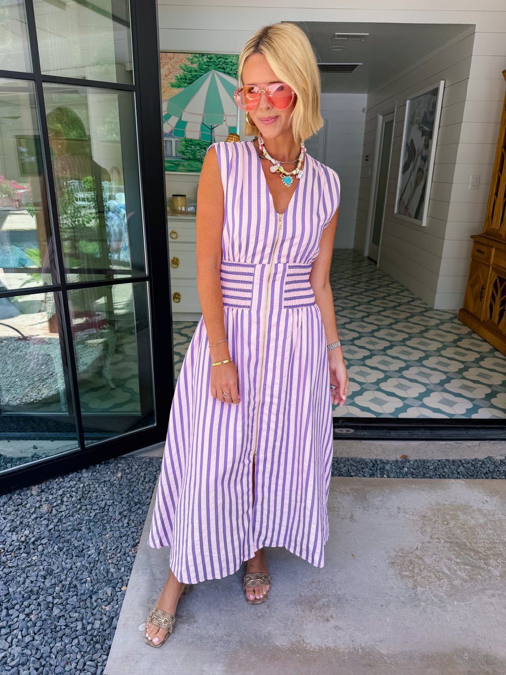 PAVE THE WAY STRIPE ZIP UP MIDI DRESS - PINK