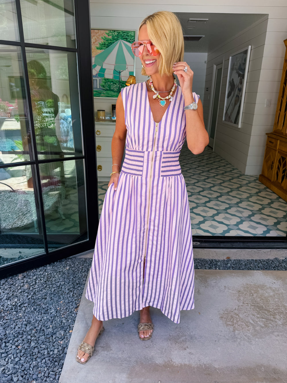 PAVE THE WAY STRIPE ZIP UP MIDI DRESS - PINK