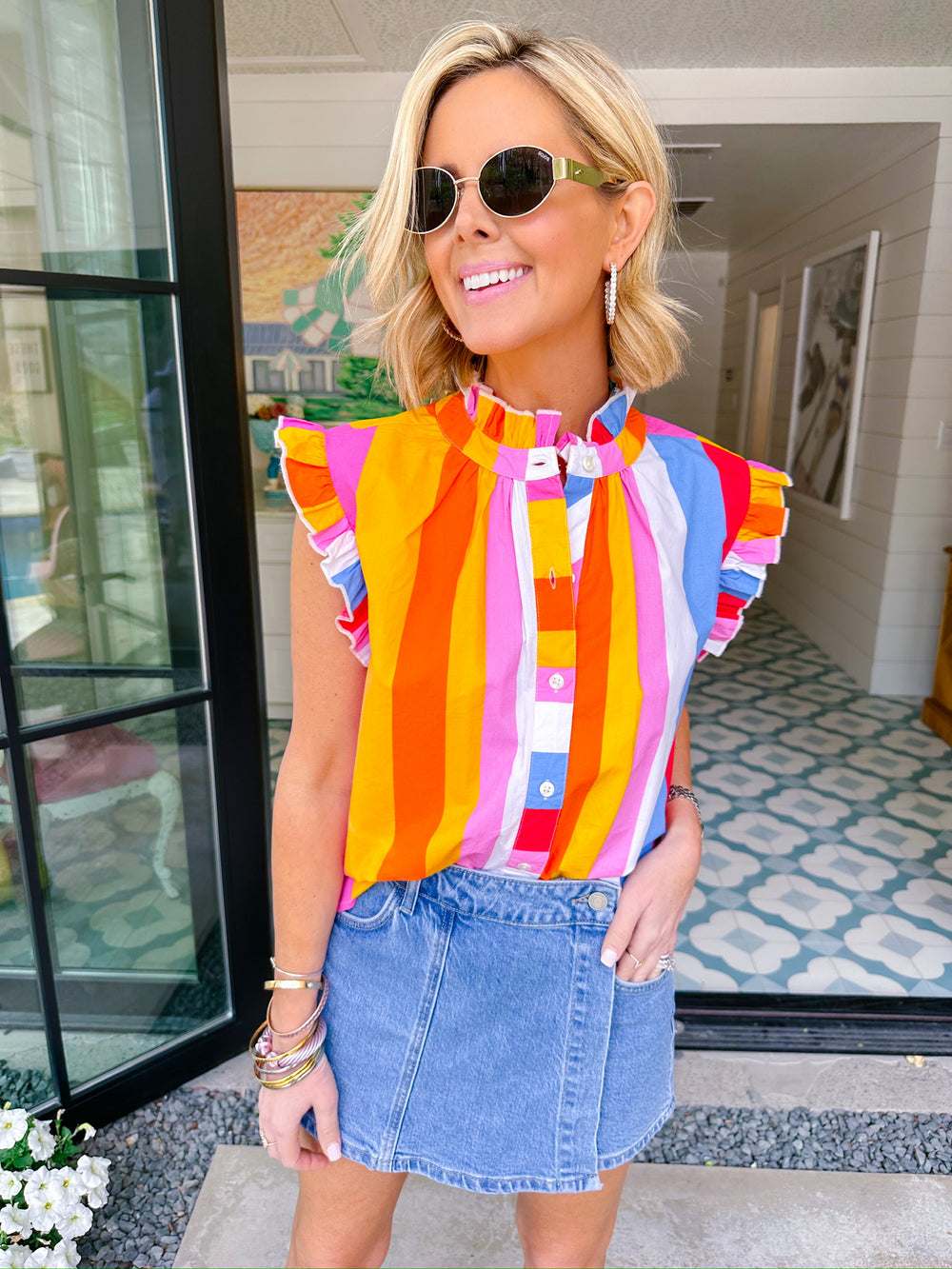 COLOR THEORY STRIPE BUTTON UP TOP