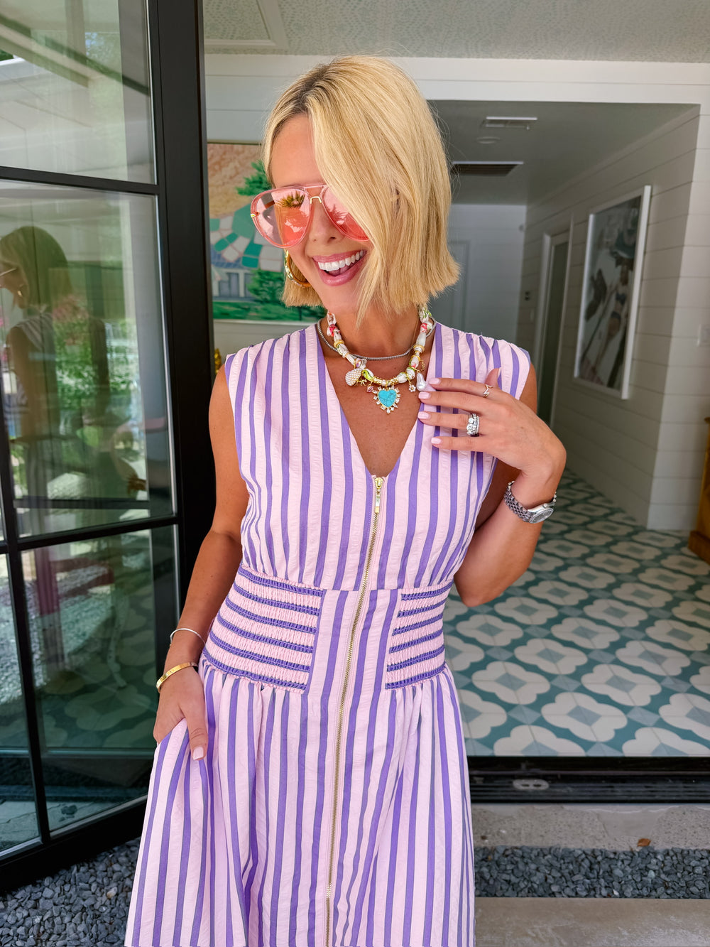 PAVE THE WAY STRIPE ZIP UP MIDI DRESS - PINK