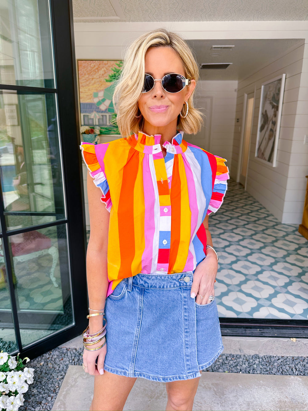 COLOR THEORY STRIPE BUTTON UP TOP