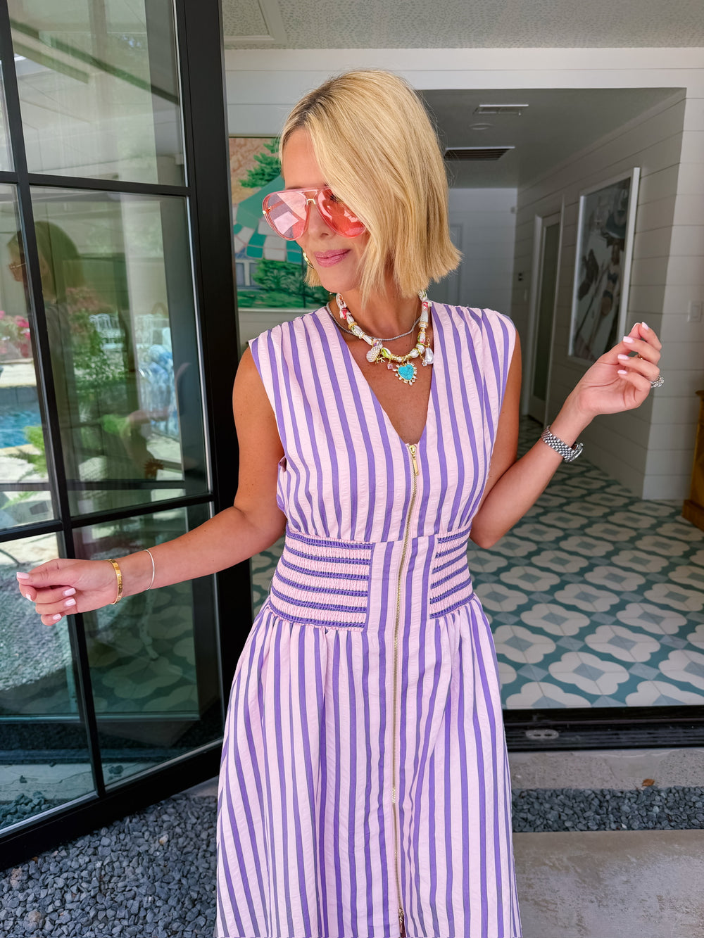 PAVE THE WAY STRIPE ZIP UP MIDI DRESS - PINK