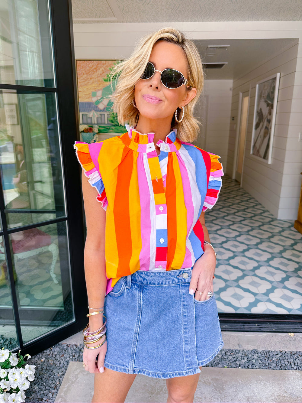 COLOR THEORY STRIPE BUTTON UP TOP