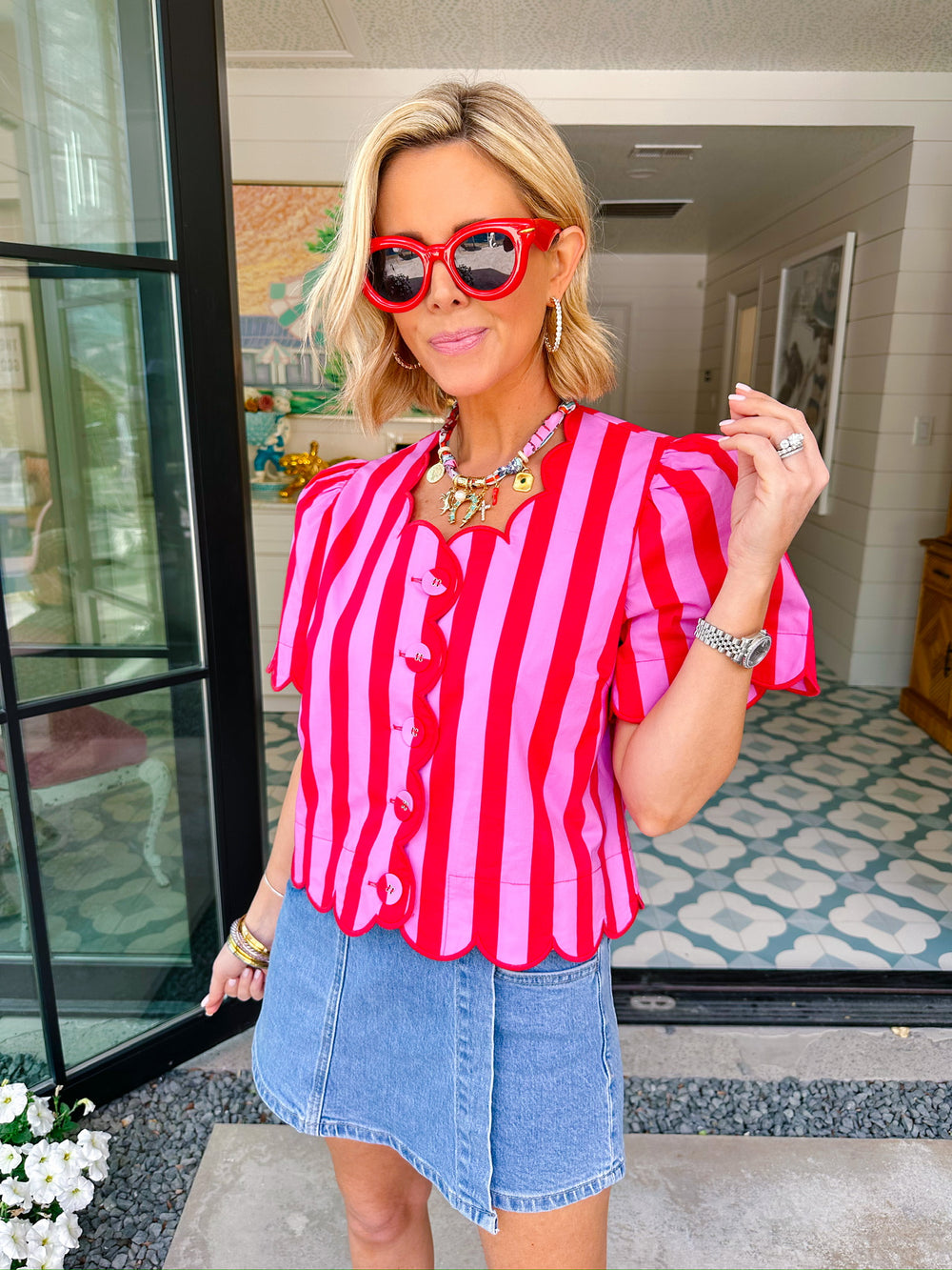 HERE FOR THE SCALLOPS STRIPE TOP - RED/PINK