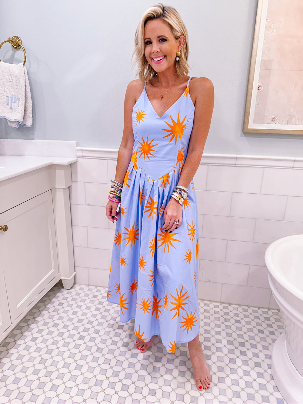 SUNBURST SPAGHETTI STRAP MIDI DRESS - BLUE
