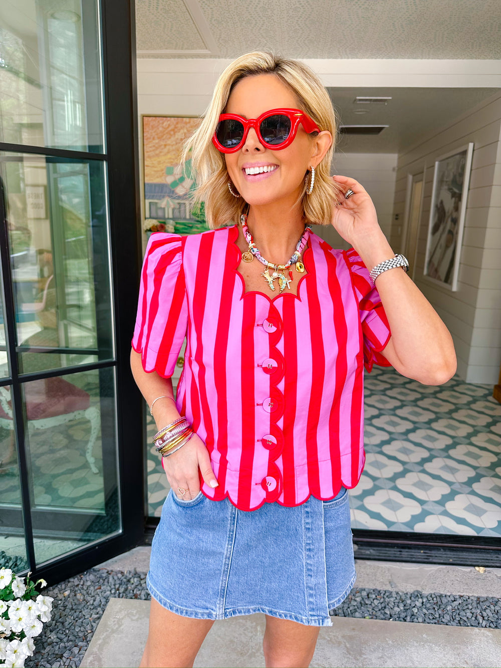 HERE FOR THE SCALLOPS STRIPE TOP - RED/PINK