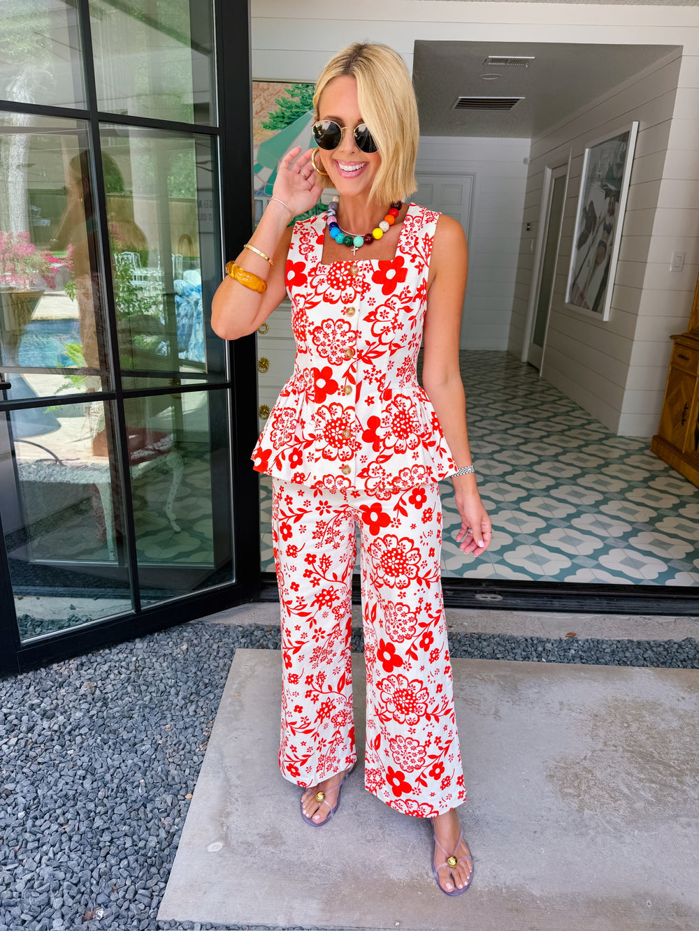 BEST IS YET TO COME FLORAL PEPLUM BUTTON UP TOP - RED