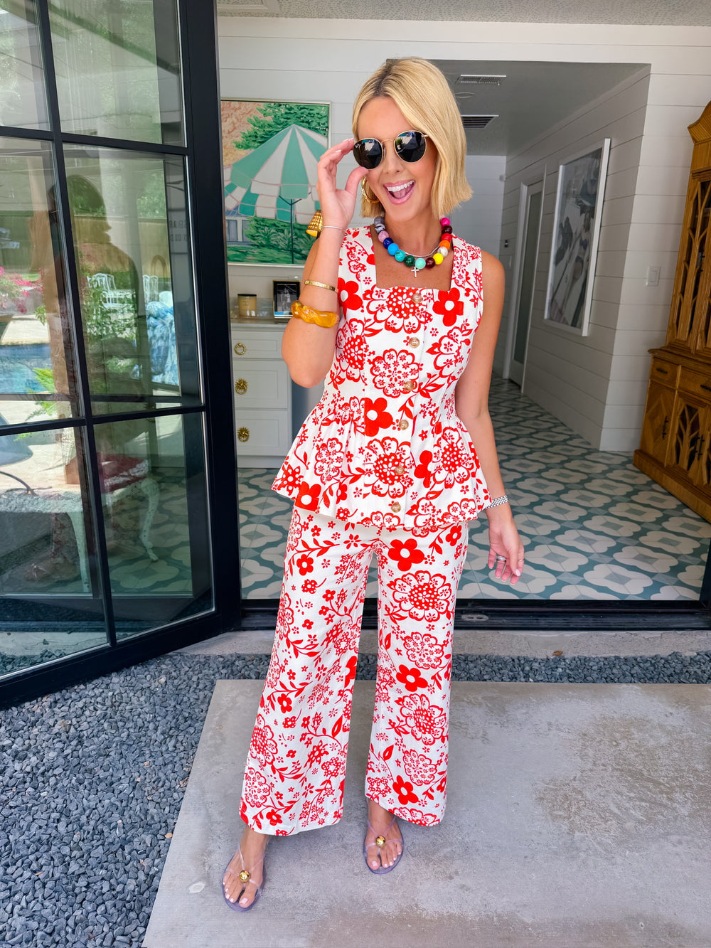 BEST IS YET TO COME FLORAL PEPLUM BUTTON UP TOP - RED