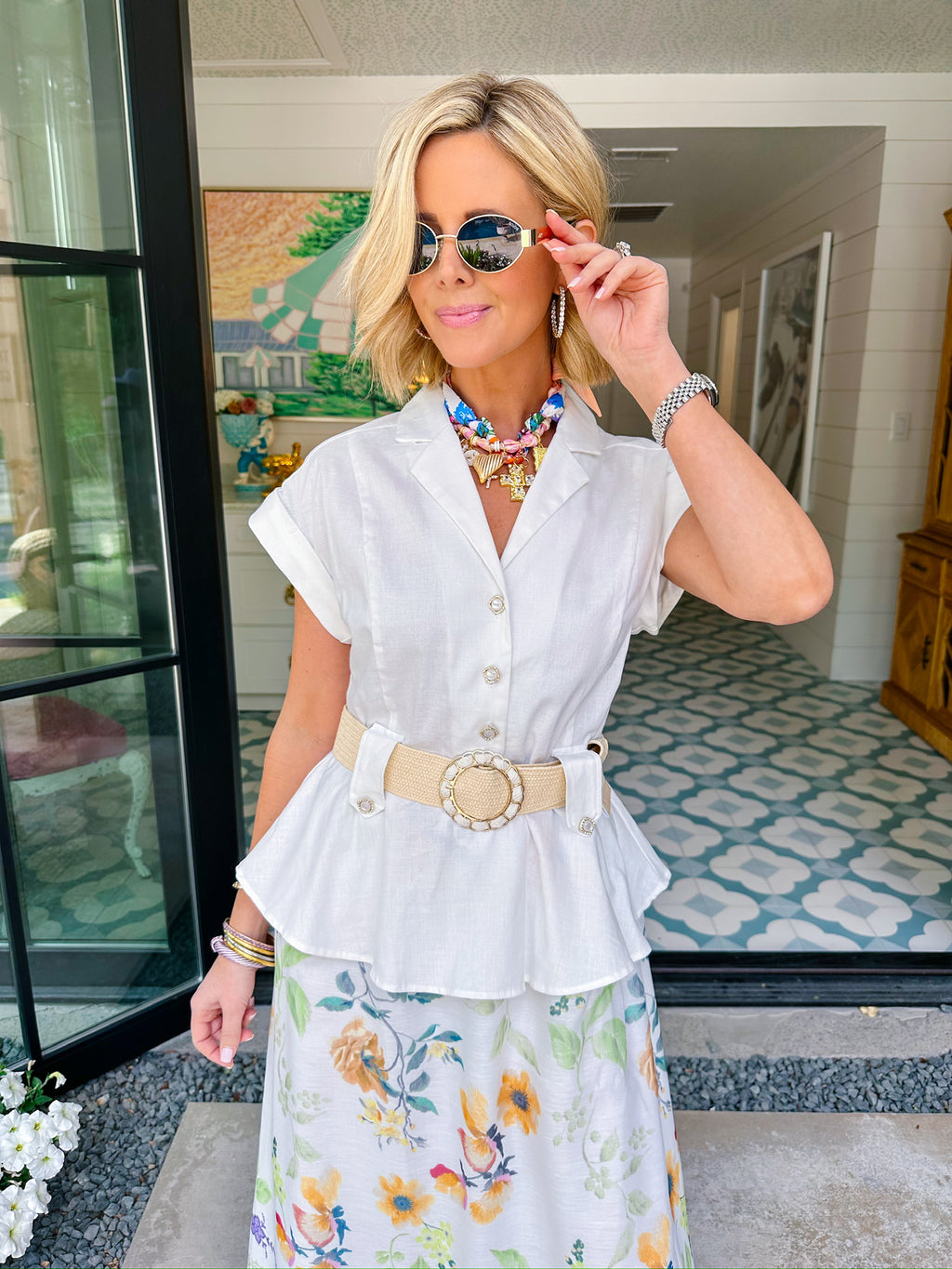 ELIZABETH BELTED FLORAL DRESS - CREAM