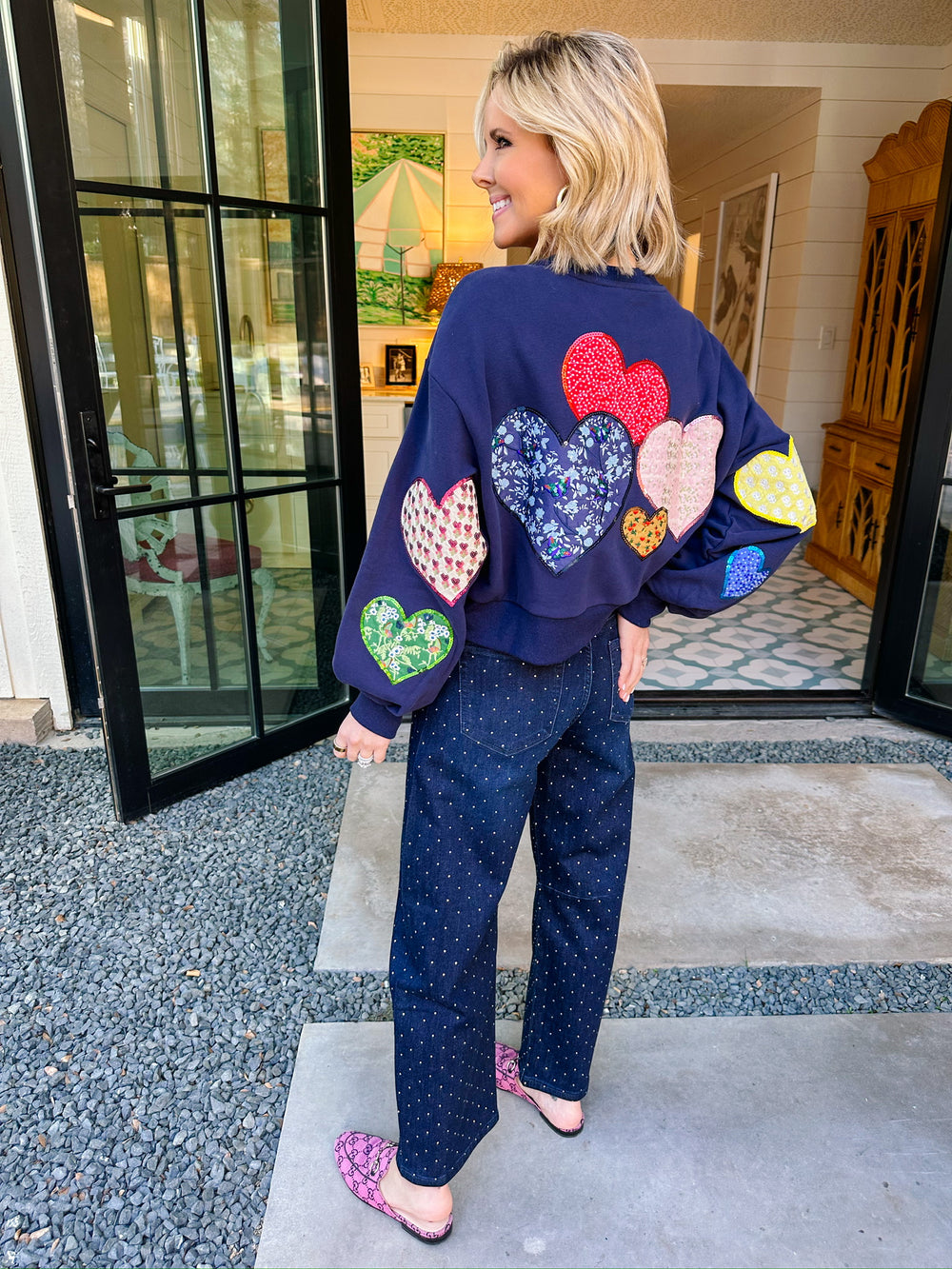 PATCHWORK EMBROIDERED HEARTS SWEATSHIRT - NAVY