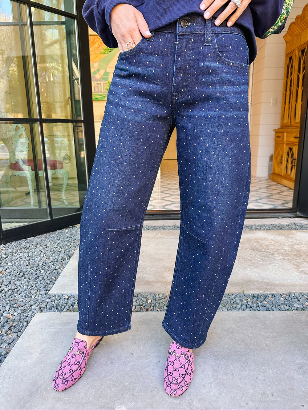 STAY ENTERTAINED RHINESTONE BARREL JEAN