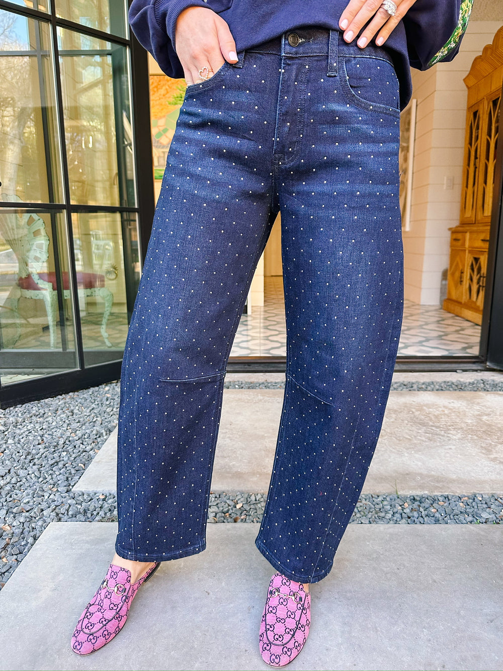 STAY ENTERTAINED RHINESTONE BARREL JEAN